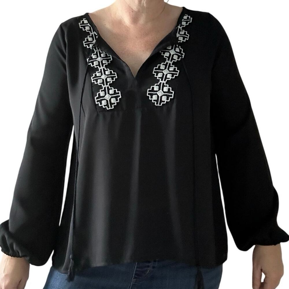 Abercrombie & Fitch, Feminine, Boho Shirt, Black with Beige Embroidery, Size M